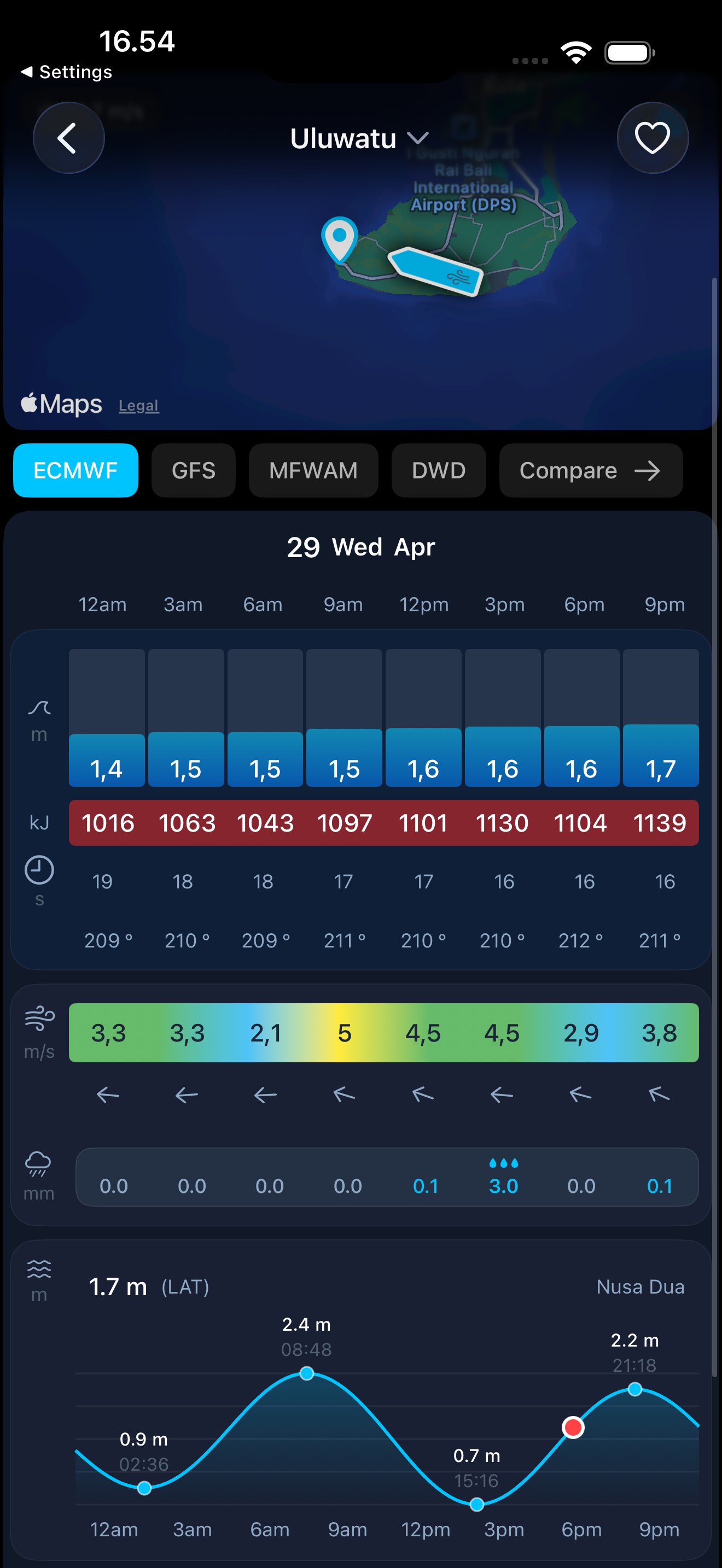 Detailed forecast with wave, wind and tide