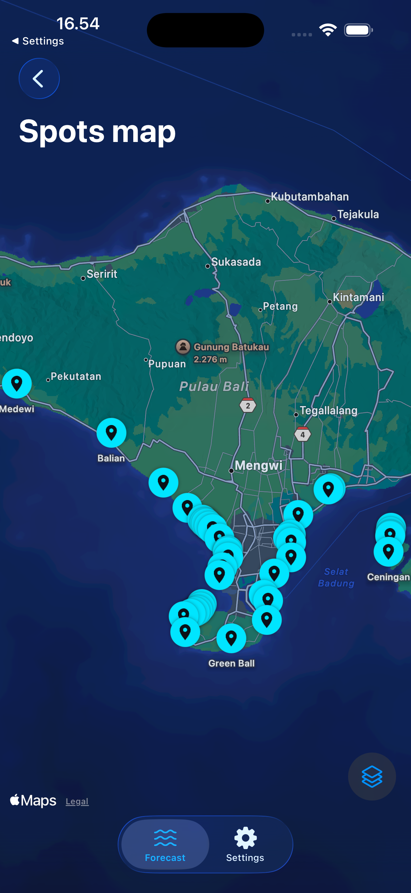 Spots map covering the coastline of Bali